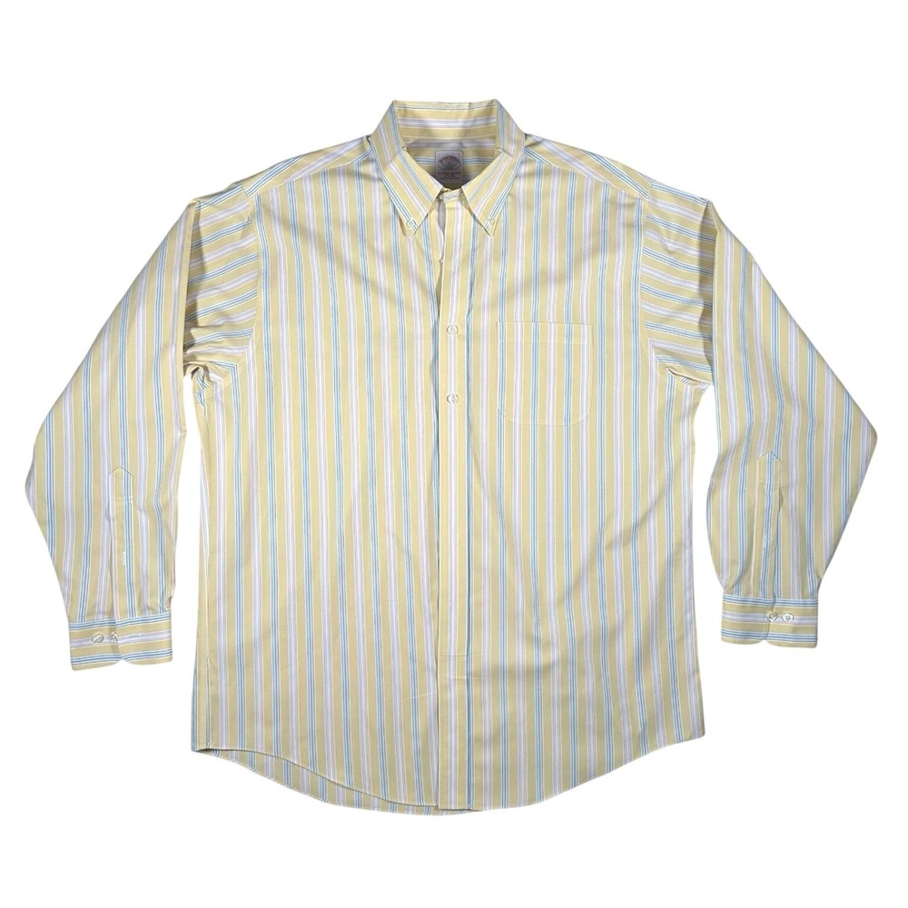 Brooks Brothers 346 Mens Large Yellow‎ Blue Striped Non-Iron Cotton Button Down